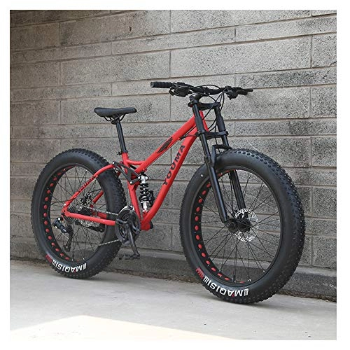 Fat Tyre Bike : NENGGE 26 Inch Mountain Bikes, Adult Boys Girls Fat Tire Mountain Trail Bike, Dual Disc Brake Bicycle, High-carbon Steel Frame, Anti-Slip Bikes, Red, 21 Speed