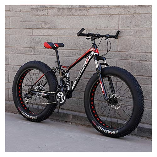 Fat Tyre Bike : NENGGE Adult Mountain Bikes, Fat Tire Dual Disc Brake Hardtail Mountain Bike, Big Wheels Bicycle, High-carbon Steel Frame, New Red, 24 Inch 21 Speed
