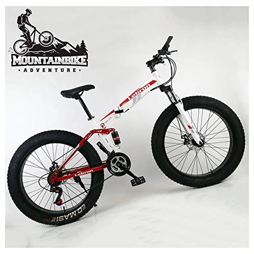 Fat Tyre Bike : NENGGE Dual Suspension Mountain Bike with Fat Tire for Men Women, Adults Foldable Mountain Bicycle, Mechanical Disc Brakes & High Carbon Steel Frame, Adjustable Seat, Red, 26 Inch 21 Speed