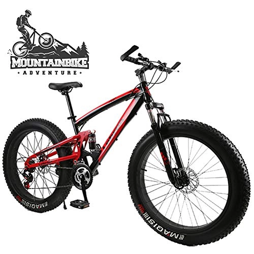 Fat Tyre Bike : NENGGE Dual-Suspension Mountain Bike with Mechanical Disc Brakes, Fat Tire Mountain Trail Bikes for Adults Men Women, High Carbon Steel Mountain Bicycle, Adjustable Seat, Black, 26 Inch 24 Speed