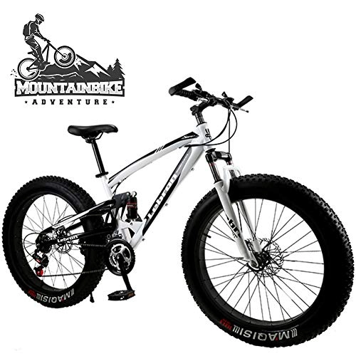 Fat Tyre Bike : NENGGE Dual-Suspension Mountain Bike with Mechanical Disc Brakes, Fat Tire Mountain Trail Bikes for Adults Men Women, High Carbon Steel Mountain Bicycle, Adjustable Seat, White, 24 Inch 21 S peed