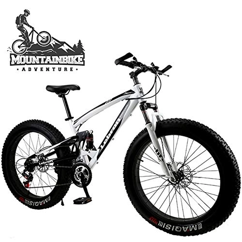 Fat Tyre Bike : NENGGE Dual-Suspension Mountain Bike with Mechanical Disc Brakes, Fat Tire Mountain Trail Bikes for Adults Men Women, High Carbon Steel Mountain Bicycle, Adjustable Seat, White, 26 Inch 30 Speed