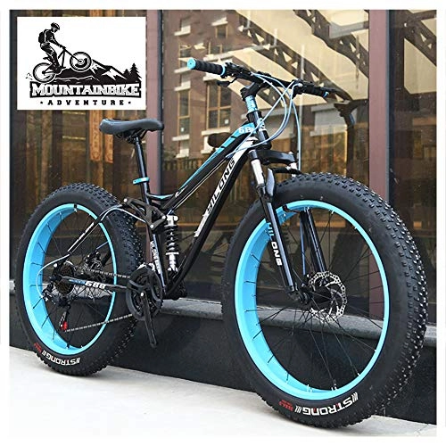 Fat Tyre Bike : NENGGE Dual-Suspension Mountain Bikes with Dual Disc Brake for Adults Men Women, All Terrain Anti-Slip Fat Tire Mountain Bicycle, High-carbon Steel Mountain Trail Bike, Blue, 24 Inch 21 Speed