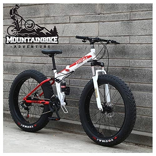 Fat Tyre Bike : NENGGE Dual-Suspension Mountain Trail Bike for Adults Men Women, Fat Tire Anti-Slip Mountain Bicycle with Dual Disc Brake, Foldable High Carbon Steel Frame & Adjustable Seat, Red, 26 Inch 27 Speed