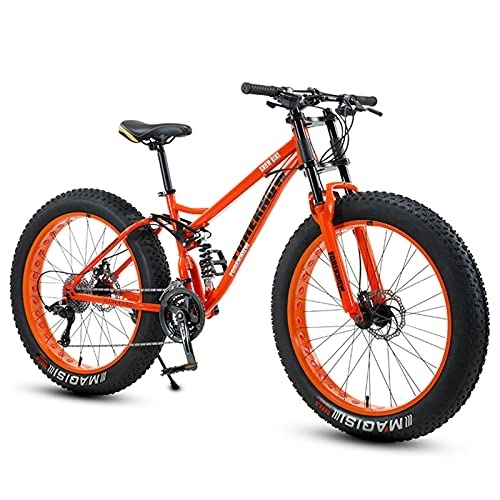 Fat Tyre Bike : NENGGE Fat Tire Bike for Men Women, 24-Inch Wheels, 4-Inch Wide Knobby Tires 7 / 21 / 24 / 27 / 30 Speed Beach Snow Mountain Bicycle, Dual-Suspension & Dual Disc Brake, Orange, 21 Speed