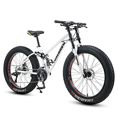 Fat Tyre Bike : NENGGE Fat Tire Bike for Men Women, 24-Inch Wheels, 4-Inch Wide Knobby Tires 7 / 21 / 24 / 27 / 30 Speed Beach Snow Mountain Bicycle, Dual-Suspension & Dual Disc Brake, White, 21 Speed