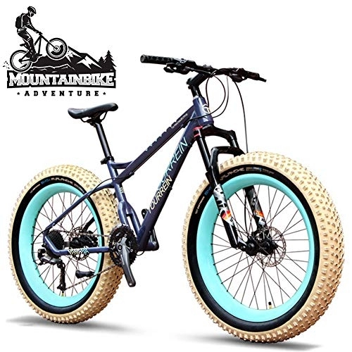 Fat Tyre Bike : NENGGE Fat Tire Hardtail Mountain Bike 26 Inch for Adult Men and Women, Air pressure Front Suspension 27 Speed Mountain Trail Bikes, All Terrain Bicycle with Dual Hydraulic Disc Brake, Blue
