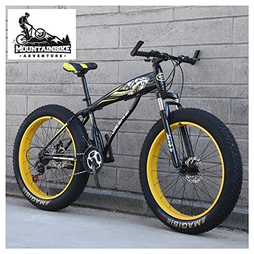 Fat Tyre Bike : NENGGE Fat Tire Hardtail Mountain Bikes with Front Suspension for Adults Men Women, 4" wide tires Anti-Slip Mountain Bicycle, High-carbon Steel Dual Disc Brake Bike, Yellow1, 26 Inch 27 Speed