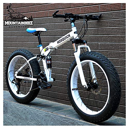 Fat Tyre Bike : NENGGE Fat Tire Mountain Bikes 26 Inch Dual Suspension for Men Women, Adult Foldable Mountain Trail Bike with Mechanical Disc Brakes, High Carbon Steel Mountain Bicycle, White, 30 Speed