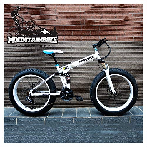 Fat Tyre Bike : NENGGE Foldable Mountain Bikes 24 Inch Dual-Suspension for Adults Men Women, Fat Tire Anti-Slip Mountain Bicycle with Mechanical Disc Brakes, High Carbon Steel Frame, White, 24 Speed