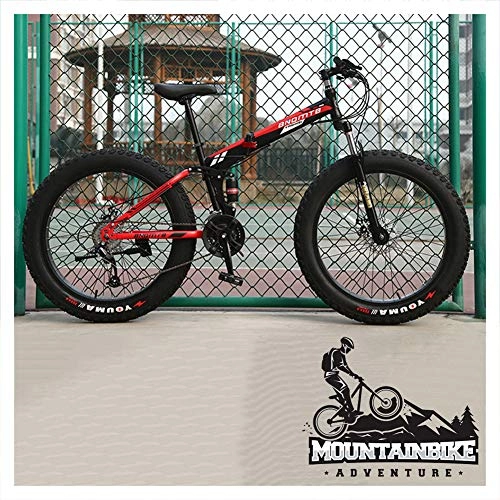 Fat Tyre Bike : NENGGE Folding Mountain Bikes with Dual-Suspension & Mechanical Disc Brakes for Adults Men Women, Fat Tire Anti-Slip Mountain Bicycle, High Carbon Steel, Adjustable Seat, Black, 24 Inch 21 Speed