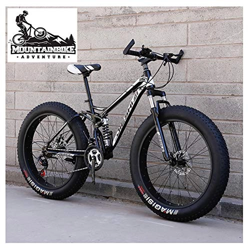 Fat Tyre Bike : NENGGE Full Suspension Mountain Bikes with Dual Disc Brake for Adults Men Women, High-Carbon Steel Fat Tire Mountain Trail Bike All Terrain Mountain Bicycle, Black, 26 Inch 7 Speed
