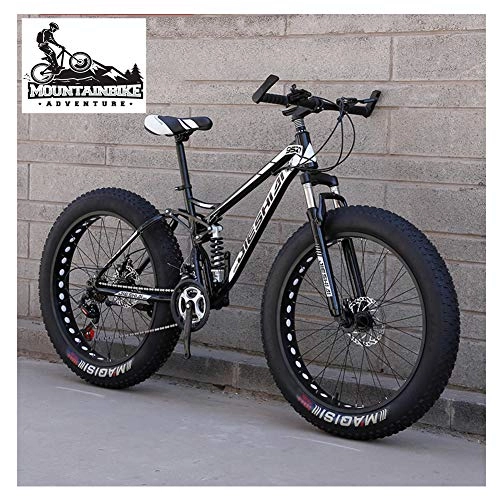 Fat Tyre Bike : NENGGE Full Suspension Mountain Bikes with Dual Disc Brake for Adults Men Women, High-Carbon Steel Fat Tire Mountain Trail Bike All Terrain Mountain Bicycle, New Black, 24 Inch 21 Speed