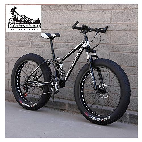 Fat Tyre Bike : NENGGE Full Suspension Mountain Bikes with Dual Disc Brake for Adults Men Women, High-Carbon Steel Fat Tire Mountain Trail Bike All Terrain Mountain Bicycle, New Black, 24 Inch 24 Speed