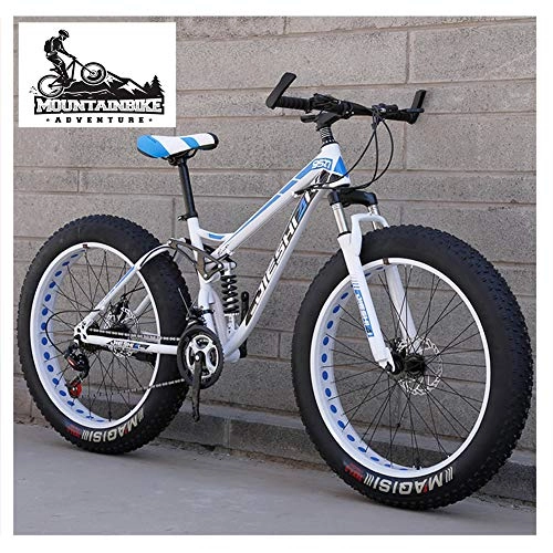 Fat Tyre Bike : NENGGE Full Suspension Mountain Bikes with Dual Disc Brake for Adults Men Women, High-Carbon Steel Fat Tire Mountain Trail Bike All Terrain Mountain Bicycle, New Blue 2, 26 Inch 21 Speed