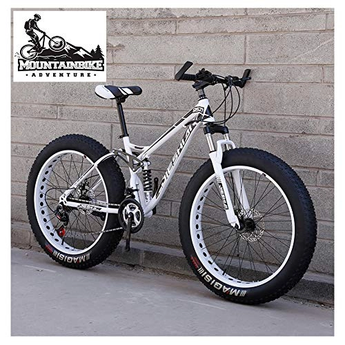 Fat Tyre Bike : NENGGE Full Suspension Mountain Bikes with Dual Disc Brake for Adults Men Women, High-Carbon Steel Fat Tire Mountain Trail Bike All Terrain Mountain Bicycle, New White, 24 Inch 24 Speed