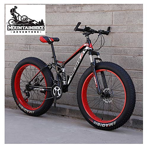 Fat Tyre Bike : NENGGE Full Suspension Mountain Bikes with Dual Disc Brake for Adults Men Women, High-Carbon Steel Fat Tire Mountain Trail Bike All Terrain Mountain Bicycle, Red, 24 Inch 24 Speed