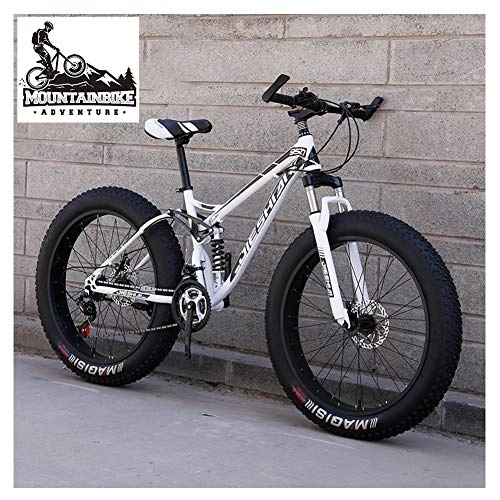Fat Tyre Bike : NENGGE Full Suspension Mountain Bikes with Dual Disc Brake for Adults Men Women, High-Carbon Steel Fat Tire Mountain Trail Bike All Terrain Mountain Bicycle, White, 26 Inch 27 Speed