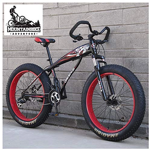 Fat Tyre Bike : NENGGE Hardtail Fat Tire Mountain Bike for Adults, Men Women Mountain Trail Bike with Dual Disc Brake, High-carbon Steel Front Suspension All Terrain Mountain Bicycle, Red, 26 Inch 7 Speed