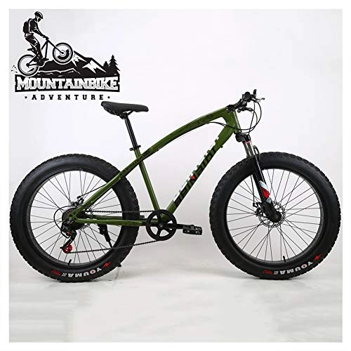 Fat Tyre Bike : NENGGE Hardtail Mountain Bike 26 Inch with Mechanical Disc Brakes for Men and Women, Fat Tire Adults Mountain Bicycle, High Carbon Steel & Adjustable Seat & Front Suspension, Green 3, 7 Speed