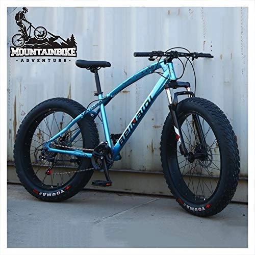 Fat Tyre Bike : NENGGE Hardtail Mountain Bikes with 24 Inch Fat Tire for Adults Men Women, Anti-Slip Mountain Bicycle with Front Suspension & Mechanical Disc Brakes, High Carbon Steel Frame, Blue, 7 Speed