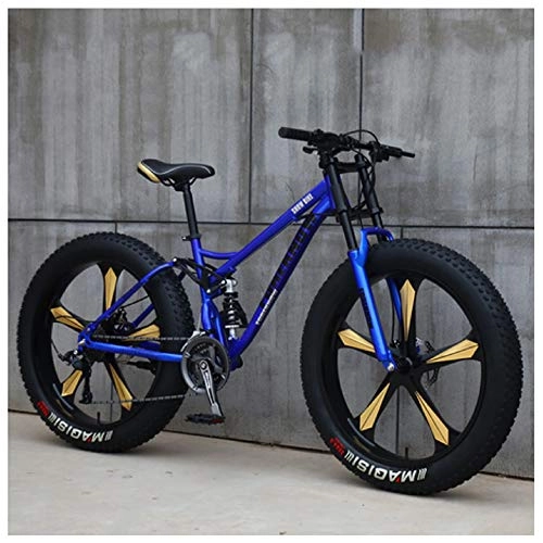 Fat Tyre Bike : NENGGE Mountain Bikes, 26 Inch Fat Tire Hardtail Mountain Bike, Dual Suspension Frame and Suspension Fork All Terrain Mountain Bike, 27 Speed, Blue 5 Spoke