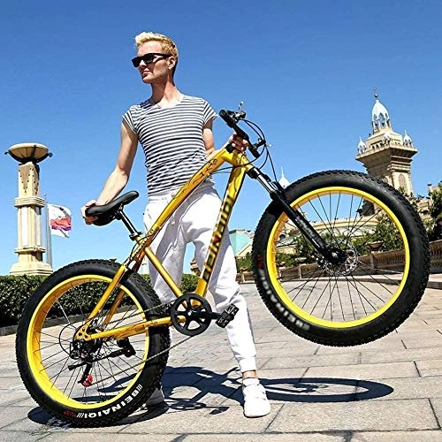 Fat Tyre Bike : NENGGE Mountain Bikes with Dual Disc Brake for Adults Men Women, All Terrain Anti-Slip Fat Tire Mountain Bicycle, High-carbon Steel Mountain Trail Bike, 26 Inch 7 Speed (Color : Yellow)