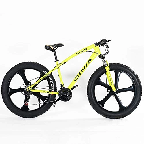 Fat Tyre Bike : NENGGE Teens Mountain Bikes, 21-Speed 24 Inch Fat Tire Bicycle, High-carbon Steel Frame Hardtail Mountain Bike with Dual Disc Brake, Yellow, 5 Spoke