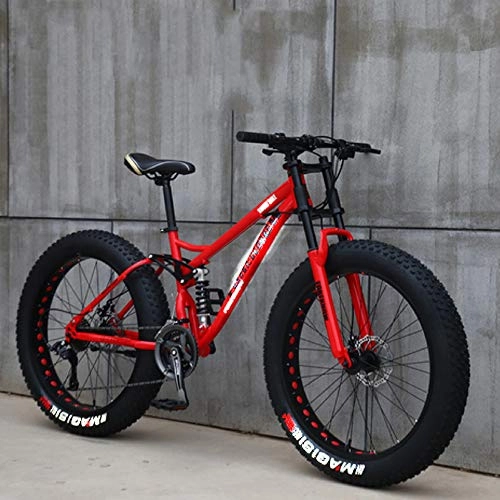 Fat Tyre Bike : NXX 24 Inch Men's Mountain Bikes, High-Carbon Steel Hardtail Mountain Bike, Mountain Bicycle with Front Suspension Adjustable Seat, 21 Speed, Red