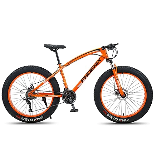 Fat Tyre Bike : NZKW 24 Inch Mountain Bike for Boys, Girls, Mens and Womens, Adult Fat Tire Mountain Bicycle, Carbon Steel Beach Snow Outdoor Bike, Hardtail, Disc Brakes, Orange, 27 Speed