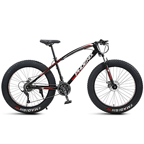 Fat Tyre Bike : NZKW 24 Inch Mountain Bike for Boys, Girls, Mens and Womens, Adult Fat Tire Mountain Bicycle, Carbon Steel Beach Snow Outdoor Bike, Hardtail, Disc Brakes, Red, 27 Speed
