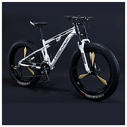 Fat Tyre Bike : NZKW 26 Inch Fat Tire Hardtail Mountain Bike for Men and Women, Dual-Suspension Adult Mountain Trail Bikes, All Terrain Bicycle with Adjustable Seat & Dual Disc Brake, 24 Speed, White 3 Spoke