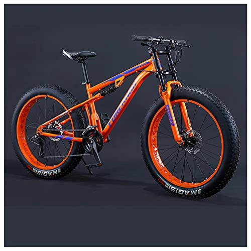 Fat Tyre Bike : NZKW 26 Inch Fat Tire Hardtail Mountain Bike for Men and Women, Dual-Suspension Adult Mountain Trail Bikes, All Terrain Bicycle with Adjustable Seat & Dual Disc Brake, 7 Speed, Orange Spoke