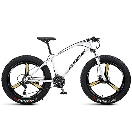 Fat Tyre Bike : NZKW 26 Inch Mountain Bike for Boys, Girls, Mens and Womens, Adult Fat Tire Mountain Bicycle, Carbon Steel Beach Snow Outdoor Bike, Hardtail, Disc Brakes, White 3 Spoke, 24 Speed