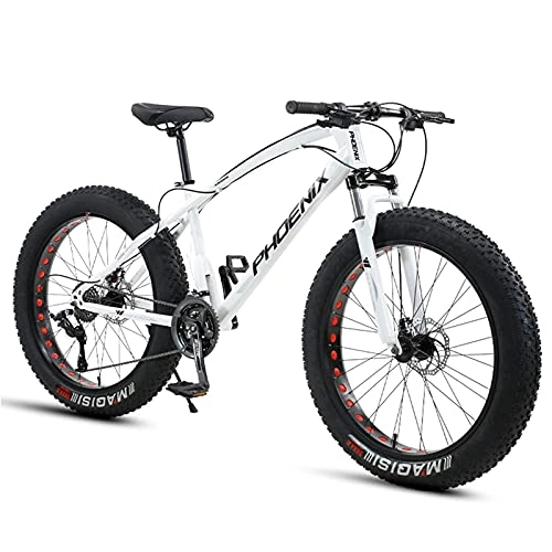 Fat Tyre Bike : NZKW 26 Inch Mountain Bike for Boys, Girls, Mens and Womens, Adult Fat Tire Mountain Bicycle, Carbon Steel Beach Snow Outdoor Bike, Hardtail, Disc Brakes, White Spoke, 7 Speed