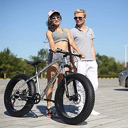 Fat Tyre Bike : NZKW Adult Dual Disc Brake Hardtail Mountain Bike, Speed Shock Absorber Mountain Road Bikes Cycling High-Carbon Steel Frame, 7 Speed 24 / 26 Inch for Beach, Desert, Snow, Silver, 7speed 24 inch