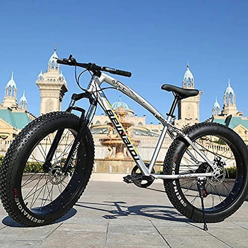 Fat Tyre Bike : NZKW Adult Mountain Bike, High Carbon Steel Folding Outroad Bicycles, Mountain Bicycle with Front Suspension Adjustable Seat, 24 / 26 Inch 4.0Wheels for Beach, Desert, Snow, Silver, 7speed 24 inches
