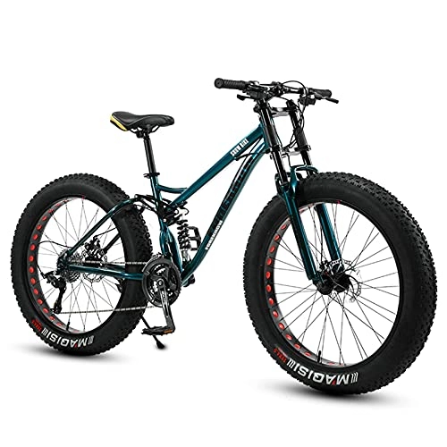 Fat Tyre Bike : NZKW Fat Tire Bike for Men Women, 24-Inch Wheels, 4-Inch Wide Knobby Tires 7 / 21 / 24 / 27 / 30 Speed Beach Snow Mountain Bicycle, Dual-Suspension & Dual Disc Brake, Green, 27 Speed