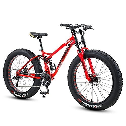 Fat Tyre Bike : NZKW Fat Tire Bike for Men Women, 24-Inch Wheels, 4-Inch Wide Knobby Tires 7 / 21 / 24 / 27 / 30 Speed Beach Snow Mountain Bicycle, Dual-Suspension & Dual Disc Brake, Red, 24 Speed