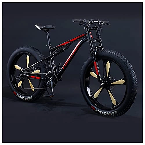 Fat Tyre Bike : NZKW Mens Women Fat Tire Mountain Bike, 26-Inch Wheels, 4-Inch Wide Off-road Tires, 7 / 21 / 24 / 27 / 30 Speed Full Suspension Moutain Bicycle for Adults Teens, Carbon Steel, 24 Speed, Black 5 Spoke