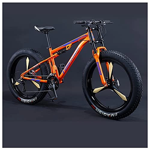 Fat Tyre Bike : NZKW Mens Women Fat Tire Mountain Bike, 26-Inch Wheels, 4-Inch Wide Off-road Tires, 7 / 21 / 24 / 27 / 30 Speed Full Suspension Moutain Bicycle for Adults Teens, Carbon Steel, 24 Speed, Orange 3 Spoke