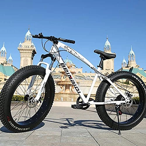 Fat Tyre Bike : NZKW Mountain Bike Fat Tire Bicycles Country Gearshift Bicycle, Outdoor Bicycle Student Carbon Steel Bicycle Full Suspension MTB for Beach, Desert, Snow, White, 7speed 26 inch