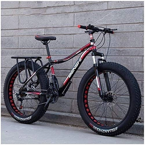 Fat Tyre Bike : PARTAS Senior Rider- 26 Inch, Fat Tire, Mountain Trail Bike, Adult, Bicycle, Dual Disc Brake, Anti-Slip, Bikes, High-carbon Steel Frame, 21 Speed, Free Wall-mounted Hook 2 PCS (Color : Black Red)