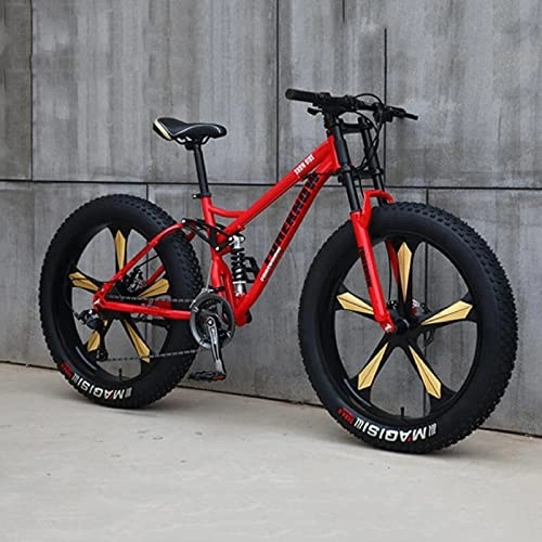 Fat Tyre Bike : PBTRM Adult Fat Tire Mountain Bike, 26-Inch Wheels, 4-Inch Wide Knobby Tires, 21 / 24 / 27-Speed, Steel Frame, Full Suspension Fork Dual Disc Brakes MTB, Multiple Colors, A, 21