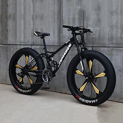 Fat Tyre Bike : PBTRM Adult Fat Tire Mountain Bike, 26-Inch Wheels, 4-Inch Wide Knobby Tires, 21 / 24 / 27-Speed, Steel Frame, Full Suspension Fork Dual Disc Brakes MTB, Multiple Colors, D, 21