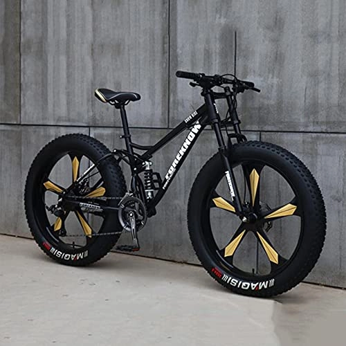 Fat Tyre Bike : PBTRM Adult Fat Tire Mountain Bike, 26-Inch Wheels, 4-Inch Wide Knobby Tires, 21 / 24 / 27-Speed, Steel Frame, Full Suspension Fork Dual Disc Brakes MTB, Multiple Colors, D, 24