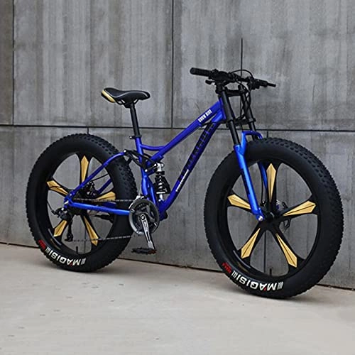 Fat Tyre Bike : PBTRM Adult Fat Tire Mountain Bike, 26-Inch Wheels, 4-Inch Wide Knobby Tires, 21 / 24 / 27-Speed, Steel Frame, Full Suspension Fork Dual Disc Brakes MTB, Multiple Colors, E, 24