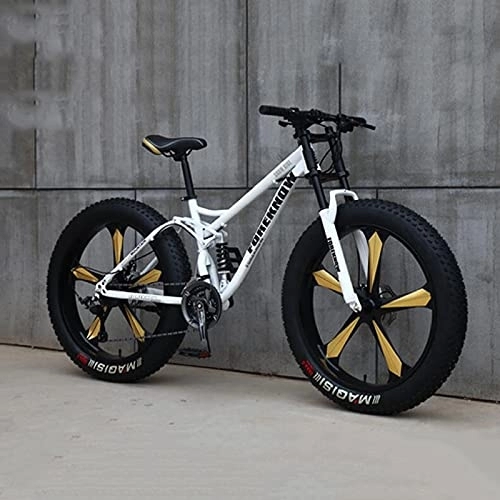 Fat Tyre Bike : PBTRM Adult Fat Tire Mountain Bike, 26-Inch Wheels, 4-Inch Wide Knobby Tires, 21 / 24 / 27-Speed, Steel Frame, Full Suspension Fork Dual Disc Brakes MTB, Multiple Colors, F, 27