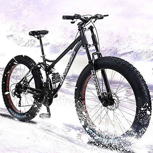 Fat Tyre Bike : PBTRM Fat Tire Mountain Bike with Full Suspension, Road Beach Snow Bike 24 / 26 Inch, 7 Speed High Carbon Steel Mountain Trail Bicycle, Dual Disc Brakes, Black, 24