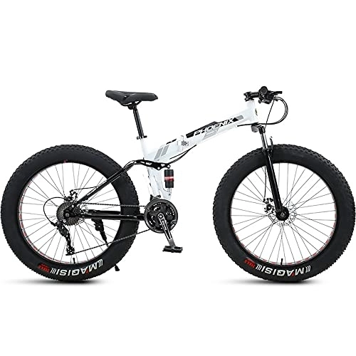 Fat Tyre Bike : PY 24 inch Folding Mountain Bike with Full Suspension High Carbon Steel Frame, Mens Fat Tire Mountain BIK with 7 / 21 / 24 / 27 / 30 Speed, Double Disc Brake and 4-Inch Wide Knobby Tires / White / 24Inch 7Speed